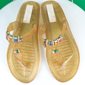 Vintage Retro Jelly Flip Flops Sandals Thongs Flats Shoes Accessorie T 80s 90s T Strap Size 7 Wedding Party Casual Yellow Gold Glitter Gift