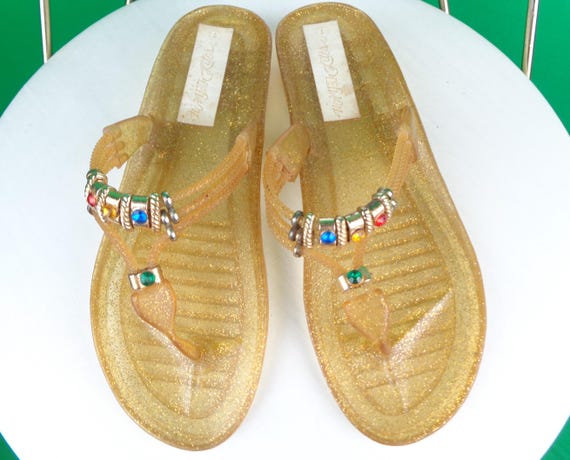Vintage Retro Jelly Flip Flops Sandals Thongs Flats Shoes Accessorie T 80s 90s T Strap Size 7 Wedding Party Casual Yellow Gold Glitter Gift
