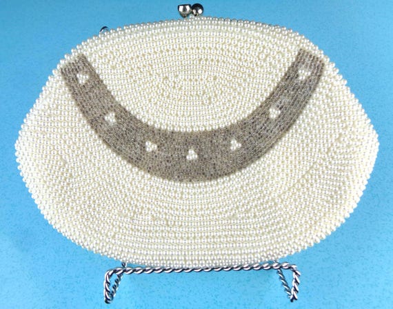 Vintage Beaded Pearl Clutch: 1950s-60s Satin Evening Bag Mid Century White Purse Handbag Accessory
