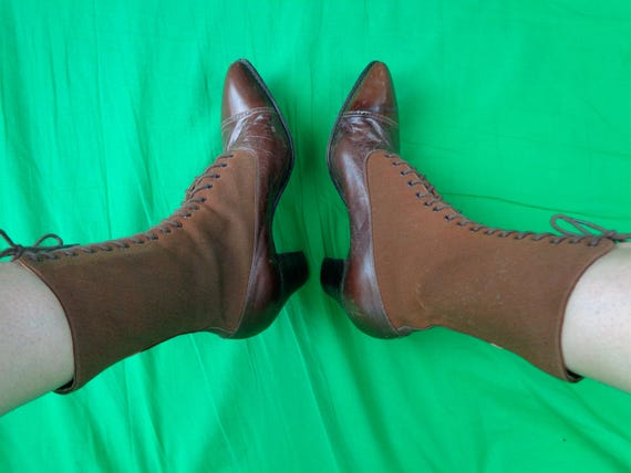 Antique Vintage Victorian Edwardian Boots 1900s Brown Leather Fabric Ankle 6 1/2 Walk Over Pointed Toe Casual Formal Wedding Evening Gift