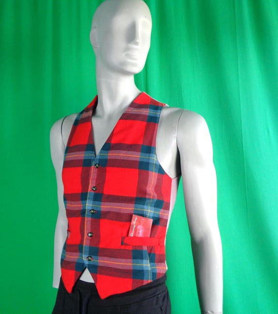 Vintage Plaid Vest: 1950s-60s Tartan Knitwear Mid Century Wool Jersey M  Red Gift