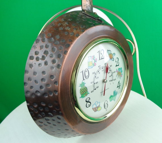 Vintage Retro Mid Century Bevel Barometer Wall Hang Clock Thermometer Weather Instrument 50s 60s Kitchen Copper Pan House Home Decor Gift