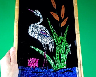 Vintage Crane Foil Art - Bamboo Frame - Mid Century Wall Decor 40s-50s Wall Hanging Gift