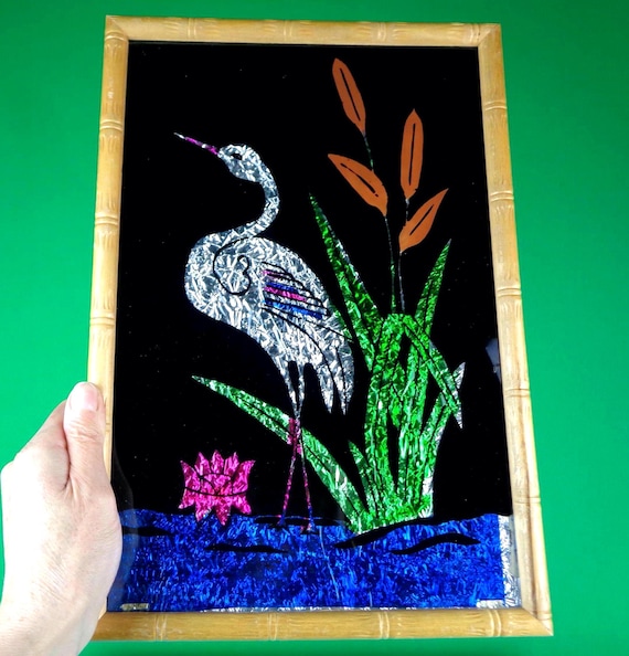 Vintage Crane Foil Art - Bamboo Frame - Mid Century Wall Decor 40s-50s Wall Hanging Gift