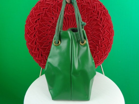 Vintage Retro Mod Green Black Purse Top Handle Handbag 1960s 1970s Mid Century Vinyl Pouch Clutch Cinch Rope Wedding Party Evening Gift