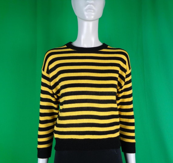 Vintage Retro Clothing Apparel Pullover Sweater Top Shirt Bomber Knitwear 1980s 1990s M Stripe Black Yellow Party Evening Formal Casual Gift