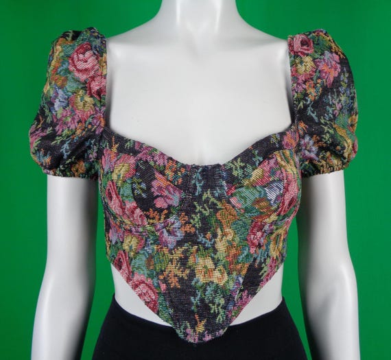 Vintage Retro Y2K Clothing Apparel Tapestry S Buster Crop Zip Sun Top Blouse 90s Floral Wedding Party Formal Evening Casual Prom Grad Gift