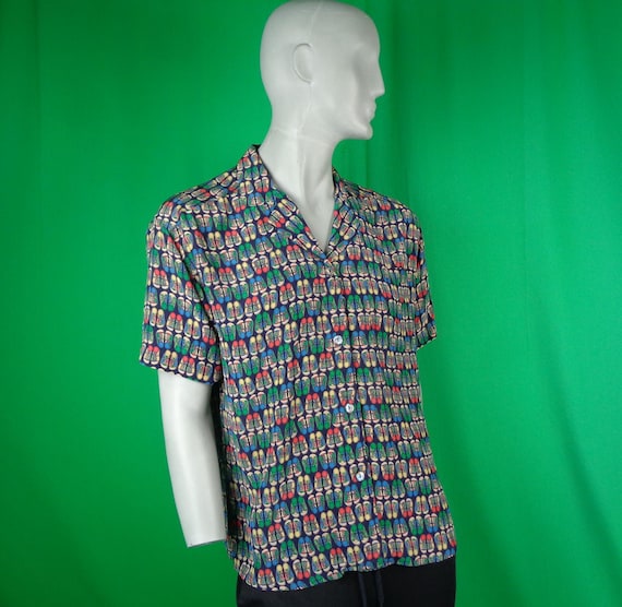 Vintage Retro Unisex Clothing Button Novelty Silk Shirt Top Blouse 80s 90s L Blue Green Red Yellow Shoes Sneakers Runners Footwear Gift