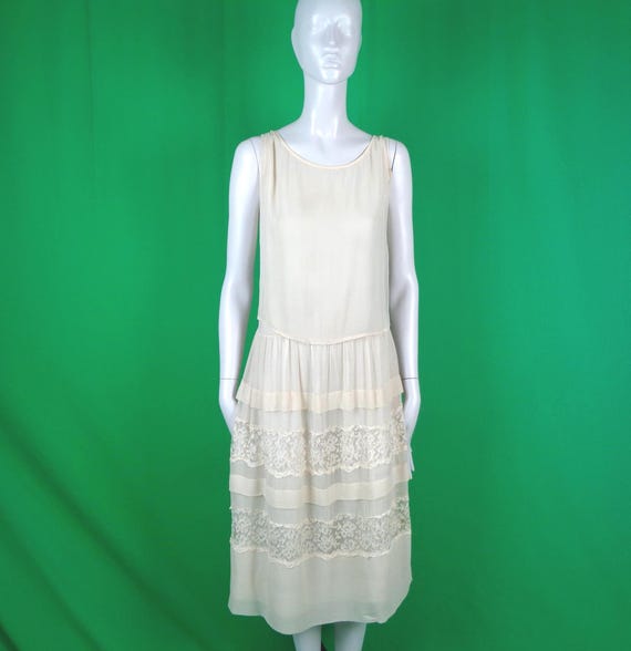 Antique Vintage Clothing Ivory Chiffon Lace Dress 1920s 1930s Small Flapper Gatsby Wedding Bridal Party Formal Bridesmaid Evening Prom Gift