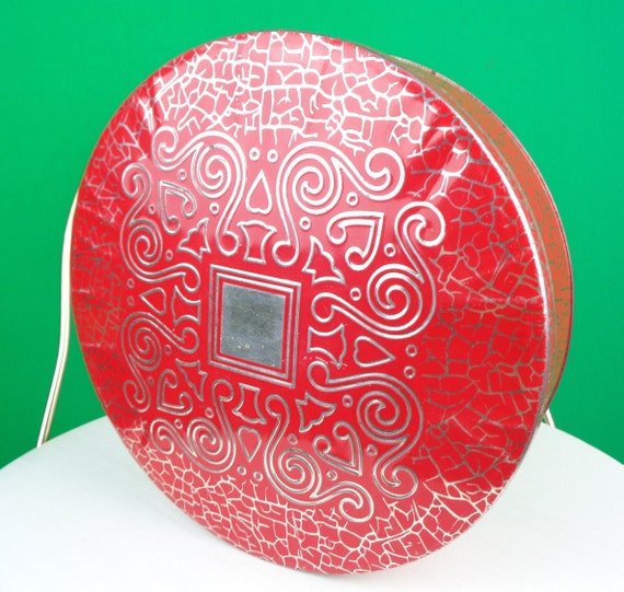 Vintage Retro Decorative Red Abstract Tin Box Bin 1940s 50s Mid Century Container Collectible Keepsake Storage Organization Home Decor Gift