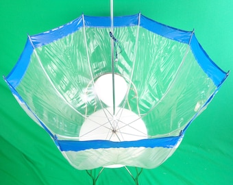 Womens Men Rain Accessorie Blue Clear PVC Vinyl Dome Umbrella Parasol Canopy Cover Hook Handle 1960s 70s Vintage Mid Century Retro Home Live