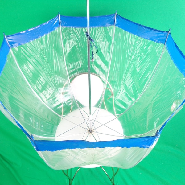 Womens Men Rain Accessorie Blue Clear PVC Vinyl Dome Umbrella Parasol Canopy Cover Hook Handle 1960s 70s Vintage Mid Century Retro Home Live