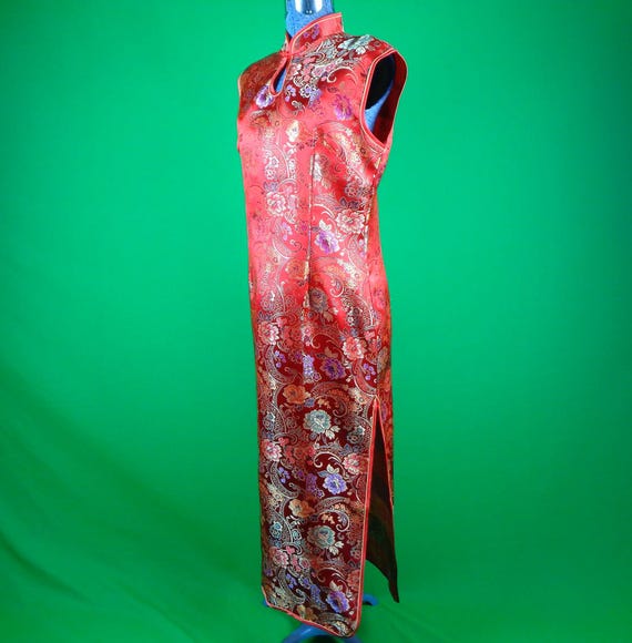 Vintage Retro Clothing Cheongsam Chinese Japanese Dress 80s 90s XXL Long Red Qipoa Traditional Mandarin Shanghai Wedding Party Evening Gift