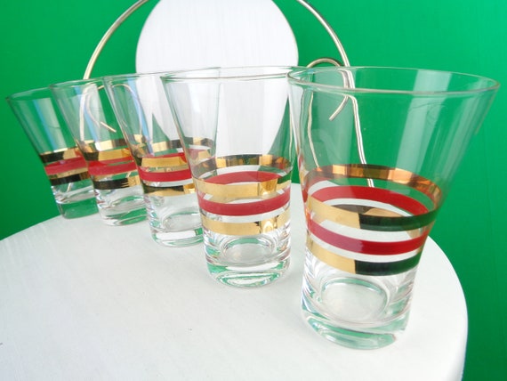 4 - Vtg Mid Century Modern MCM Pink Stripe Drinking Water Glasses