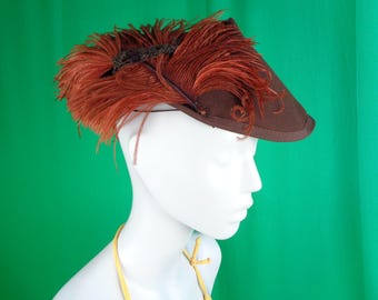 Vintage Retro Jobs Frederics Brown Mini Half Military Hat 1930s 40s Ostrich Feather Fascinator Wedding Party Formal Evening Gift Accessorize