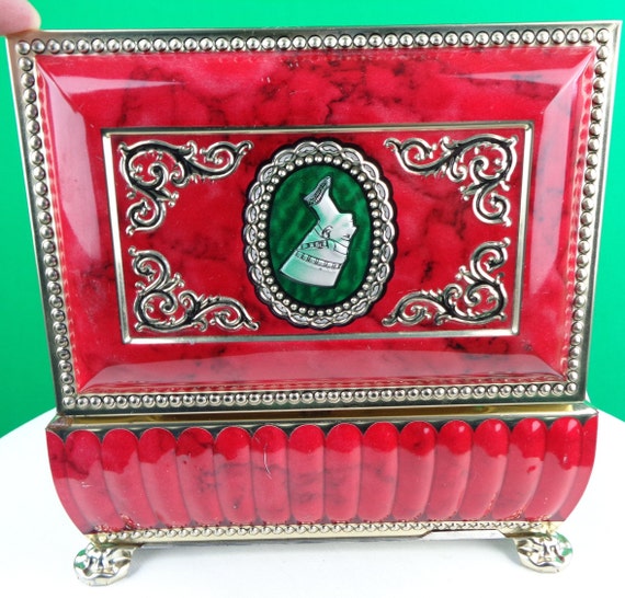 Vintage Retro Decorative Tin Box Bin 1950s 60s Mid Century Egyptian Nefertiti Red Container Storage Organization Collectible Keepsake Gift