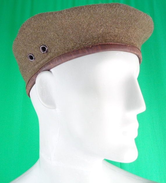 Vintage Unisex Green Beret Tam Wool Brown Leather Military Army Hat 40s 1945 WW2 US CAN 7 1/4 Large Wedding Party Evening Formal Casual Gift