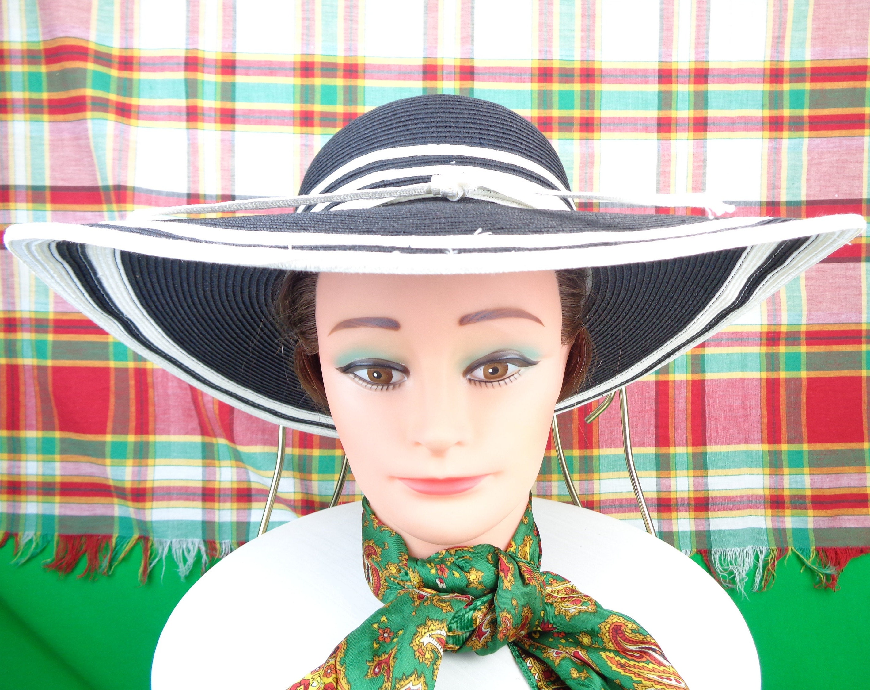 Vintage Retro Womens Girls Accessorie XL Large Sun Hat 54 1/2 Black White  Stripe Stack Raffia Straw Brim Plater Saucer Top Formal Cocktail