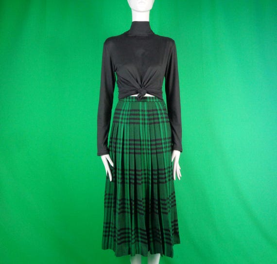 Vintage Retro Clothing Jaeger Long Pleat Skirt Bottom 70s 80s Wool Green Black Plaid Tartan Small 6 Wedding Party Evening Formal Casual Gift