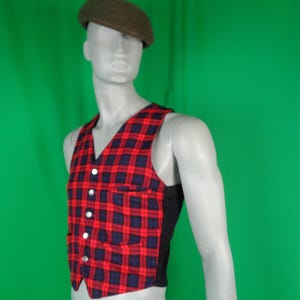 Chaleco vintage a cuadros escoceses: camiseta unisex con botones, años 40-50, talla M, regalo, negro, rojo y azul.