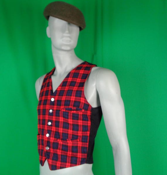 Vintage Tartan Plaid Vest: 1940s-50s Unisex Button Top, Vestcraft M Gift Black Red Blue