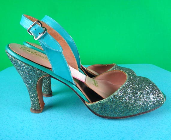 Vintage Retro Spring-o-lators Pumps Slingback Shoes Sandals Footwear 1940s 50s Mid Century 85 CAN U.S Wedding Party Evening Formal Gift Blue