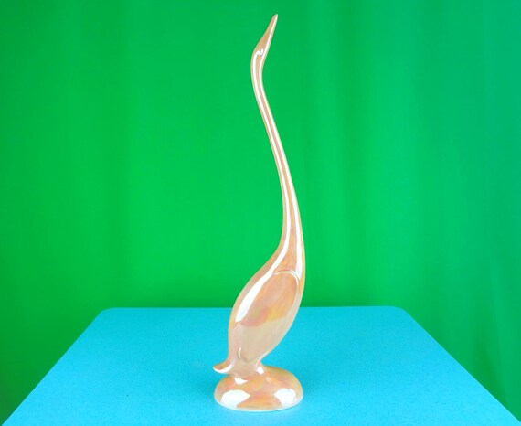 Vintage Retro 1960s Long Neck 15 1/2" Swan Bird Statue Figurine Art Collector Iridescent Coral Home Room Accent Decor Wedding Party Gift