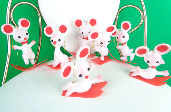 Vintage Retro Blow Mold 7 Mouses Sleds Christmas Holiday Tree Accessory Decorations Ornaments 1960s 70s Home Room Accent Decor Gift Keepsake