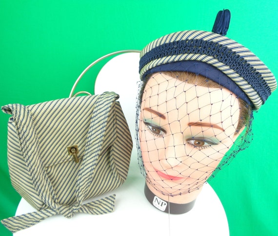Vintage Retro Sherman Half Mini Base Hat 1940s 50s Purse Handbag Set Blue Beige Stripe Clutch Wedding Party Formal Evening Gift Accessories