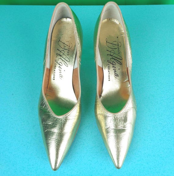 Vintage Retro Woodward Pumps Shoes High Heels Footwear 1950s 1960s Mid Century Gold Metallic CAN US 7 1/2 Wedding Party Formal Evening Gift