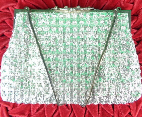 Vintage Retro Accessorie Silver Purse Top Handle Handbag Clutch 1950s 1960s Mid Century Rhinestone Wedding Party Evening Formal Casual Gift