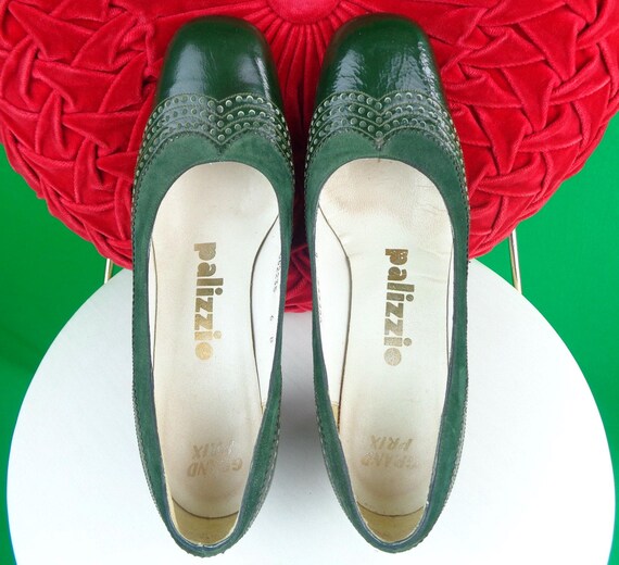 Vintage Retro Shoes Pumps 60s 70s Palizzio Grand Prix Green Patent Suede Leather Spectator Wing Tip Size 6 Wedding Party Formal Evening Gift