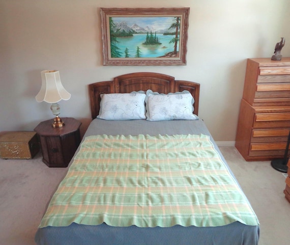 Vintage 1940s-50s Horse Pastel Plaid Blanket: Mid-Century Throw Cover Bedding Comforter Green Orange Yellow