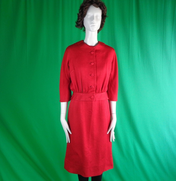 Vintage Retro Handmade Clothing Red Suit Jacket Blazer Dress Set 1950s 1960s Mid Century Small Crop Bomber Wedding Party Evening Formal Gift