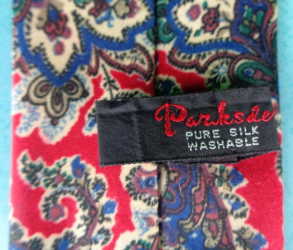 Vintage Retro Parksdea Silk Self Necktie Work Suit 1950s 1960s Mid Century Wedding Party Formal Evening Gift Paisley Red Blue Green