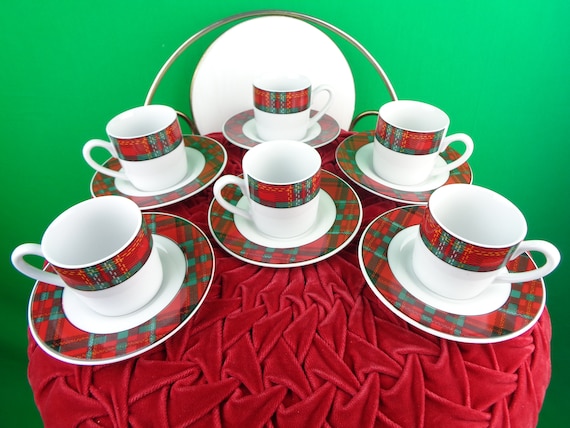 Espresso KOPIN Cup Saucer Coffee Set Porcelain Tartan Plaid Drink Barware Kitchen Dining Serve Home House Decor Party Evening Modernist Gift