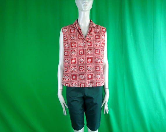 Vintage Retro Clothing Apparel Pullover Button Shirt Suit Blouse Top 1950s 1960s Mid Century Ship N Shore M 36 Red White Gray Bandana Gift