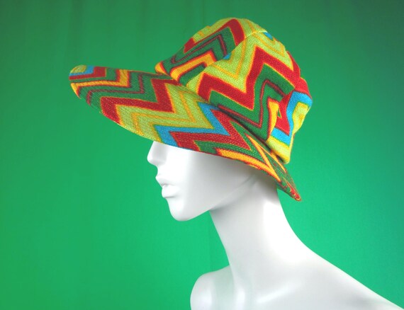Vintage Retro Monsieur Henri Jr Brim Floppy Bucket Sun Hat 1960s 1970s Mod Designer Aztec Chevron Zig Zag Rainbow  Wedding Party Formal Gift
