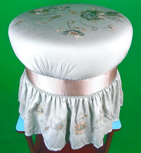 Vintage Embroidered Stool Ottoman: Blue Floral Boudoir Decor Vanity Chair Furniture Dressing Table Accent