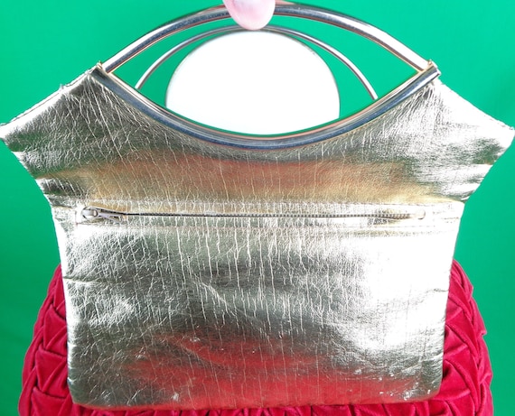 Vintage Retro Gold Lame Metallic Purse Handbag Top Handle 50s 60s Mid Century Vinyl Top Handle Wedding Party Formal Evening Accessorie Gift