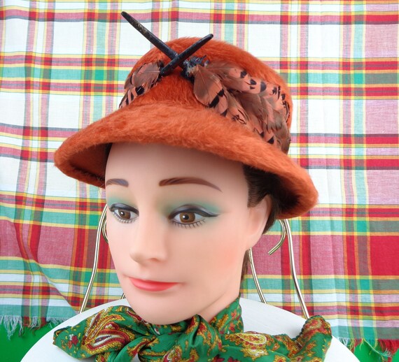 Vintage Accessorie Bucket Wool Fur Feather Hat 1950s 60s Mid Century Nadelle Pheasant Orange 22" Wedding Party Formal Evening Cocktail Gift