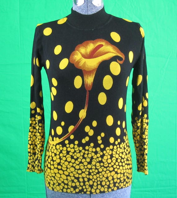 Vintage Retro Y2K Clothing Apparel Pullover Sweater Knitwear Jersey Top Blouse S Floral Blk Yellow Wedding Party Evening Formal Casual Gift