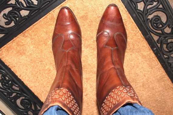 Vintage Retro Brown Leather Wool Boots 1950s 1960s Mid Century Mod Embossed US CA 6 1/2 Golden Pheasant De Luxe Casual Formal Casual Gift