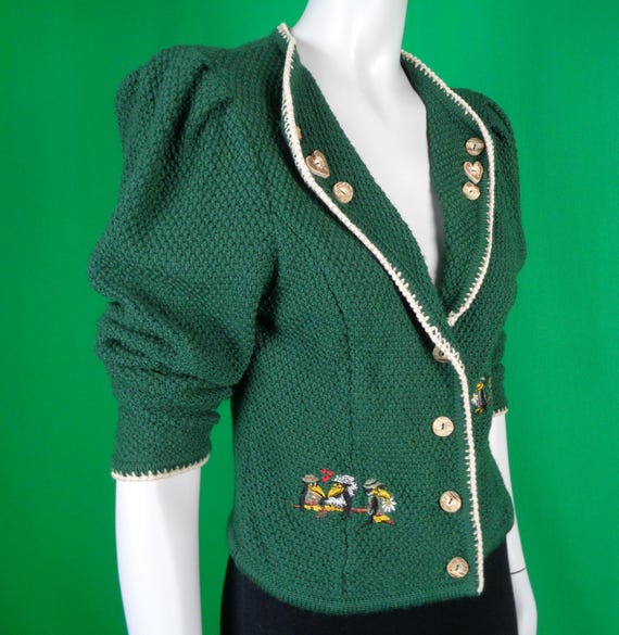 Vintage Green Wool Cardigan: Austrian Embroidered Trachten, Size M 70s-80s Button-up Sweater Drindl Bavarian