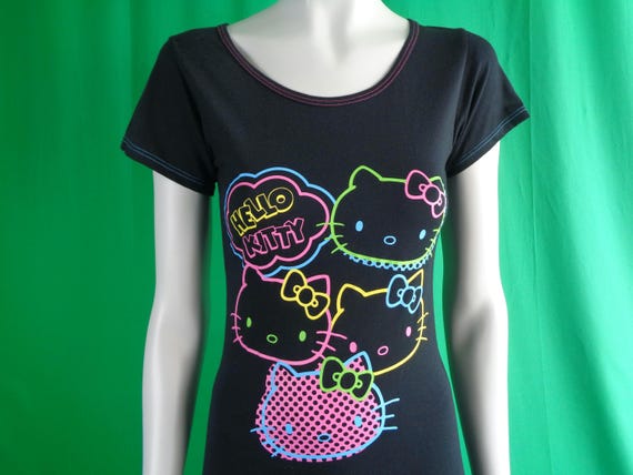 Vintage Retro Y2K Clothing Apparel Sanrio Hello Kitty Cat Pullover Tee T Shirt Blouse S Black Neon Shadow Polka Dot Character Gift NWT