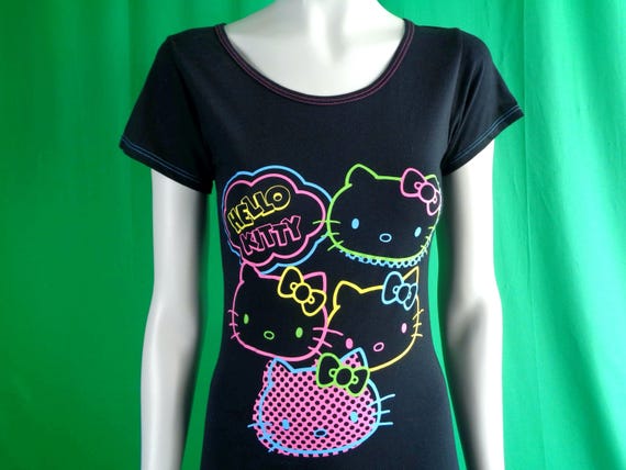 Vintage Retro Y2K Clothing Apparel Sanrio Hello Kitty Cat Pullover Tee T Shirt Blouse S Black Neon Shadow Polka Dot Character Gift NWT