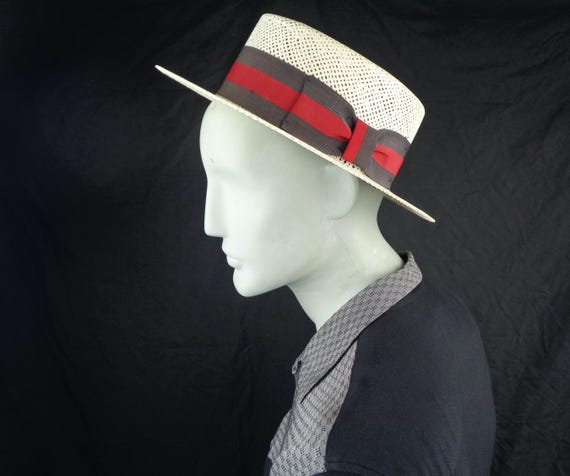 Vintage Retro French Magill Kentucky Derby Straw Sun Skimmer Hat 50s 60s Mid Century LG 7 1/4-38 White Gatsby Boat Wedding Party Unisex Gift