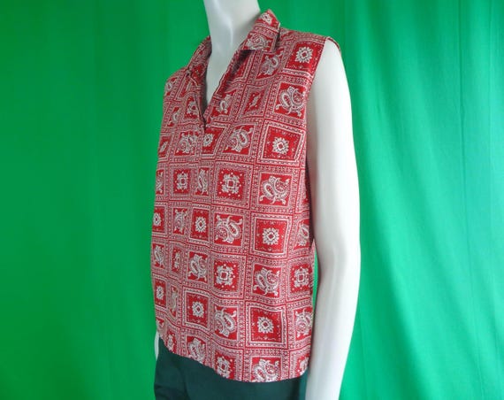Vintage 1960s Ship 'n Shore Blouse: Red Paisley Bandana Pullover Top Button Light Shirt