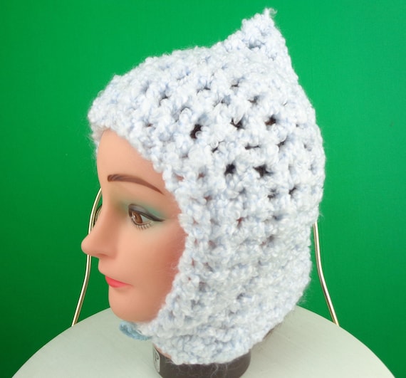 Vintage Retro Handmade Skull Beanie Took Sock Hat Capulet 50s 60s Mid Century Accessorie Baby Blue Acrylic Wool Cable Knit Alpine Pixie Gift