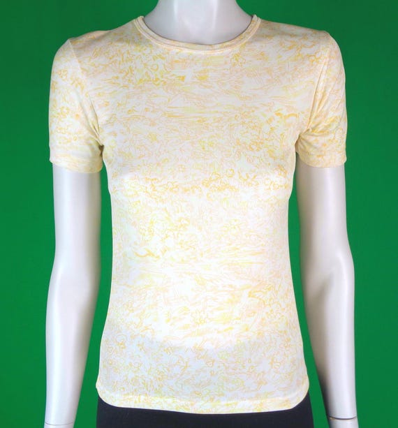 Vintage Retro Clothing Apparel Pullover Top Tee Shirt Blouse 60s 70s Mid Century XS S Yellow Orange White Jersey Knitwear Casual Formal Gift